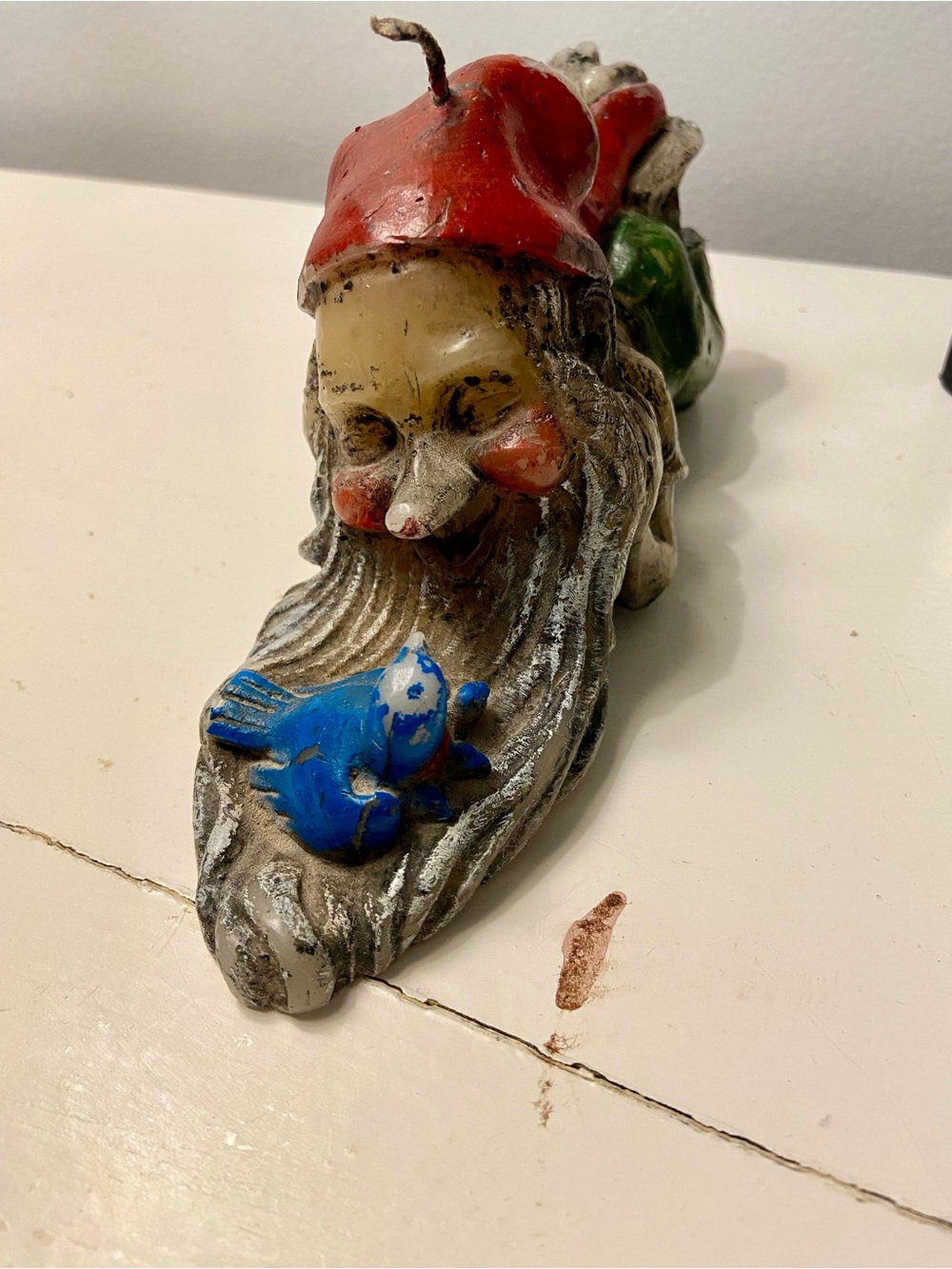 Vintage Whimsical German Gnome Candle with Blue Bird